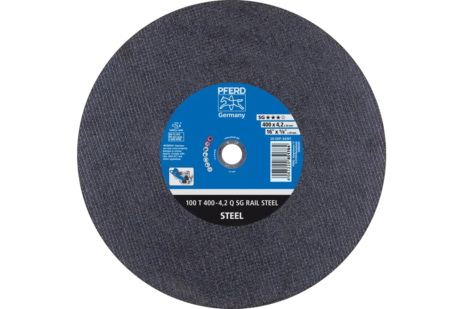 Picture of Pferd Large Diameter Cut-Off Wheel 16" X 1/8 X 20mm, Sg Rail Steel, Q, Aluminum Oxide